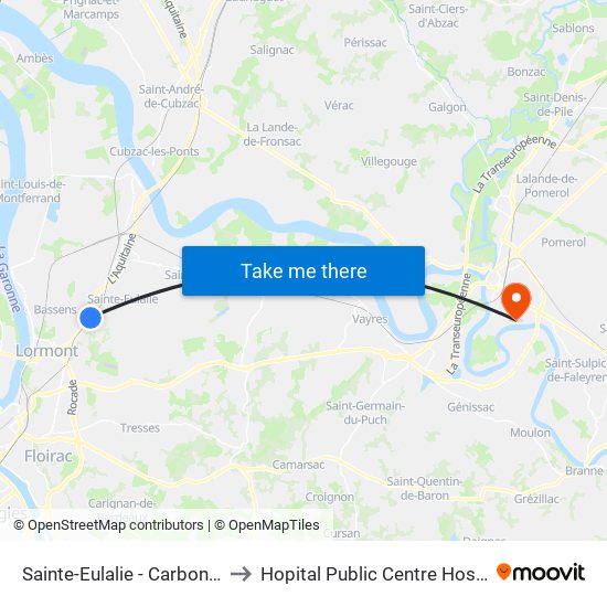 Sainte-Eulalie - Carbon-Blanc to Hopital Public Centre Hospitalier map