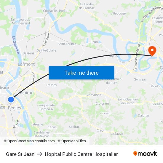 Pont St Jean to Hopital Public Centre Hospitalier map