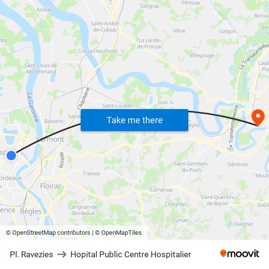 Place Ravezies to Hopital Public Centre Hospitalier map