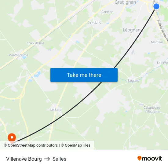 Villenave Bourg to Salles map