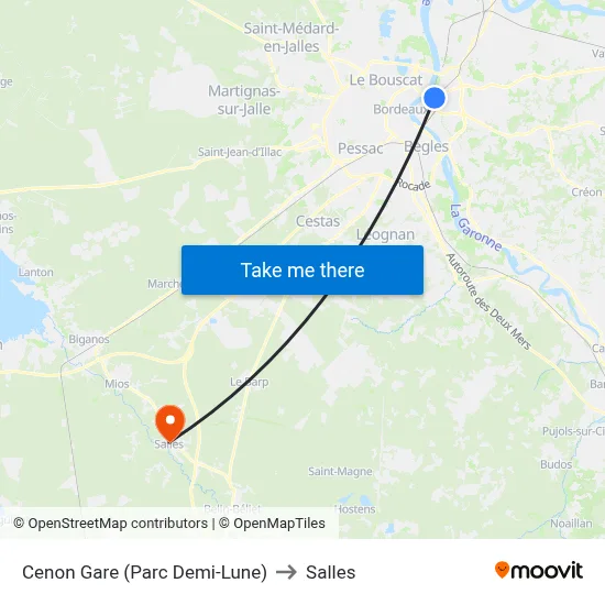 Cenon Gare (Parc Demi-Lune) to Salles map