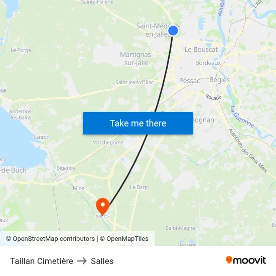 Taillan Cimetière to Salles map