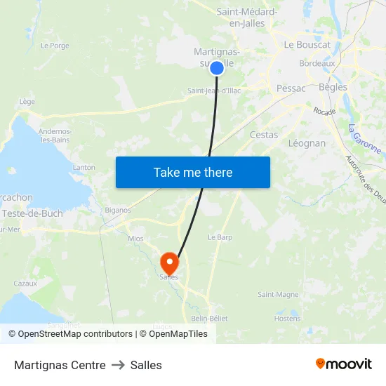 Martignas Centre to Salles map