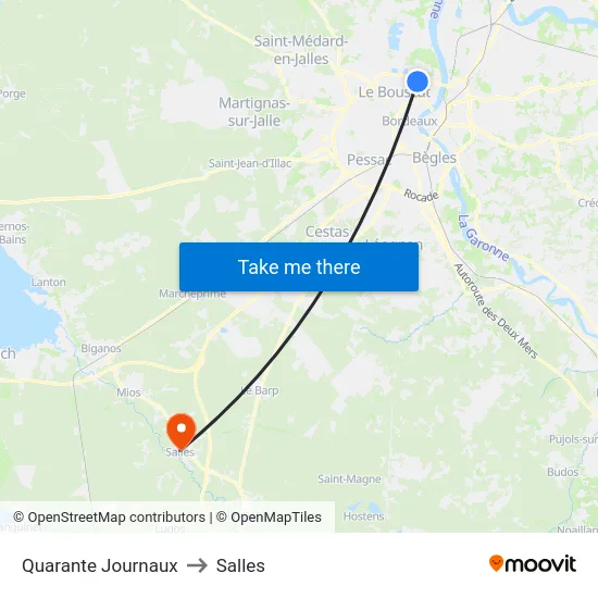 Quarante Journaux to Salles map