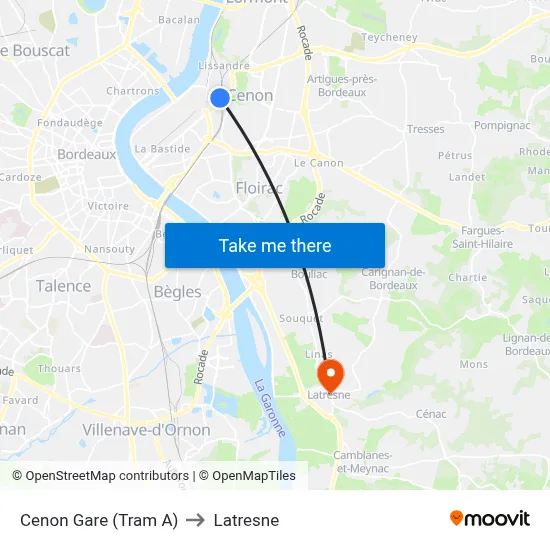 Cenon Gare (Tram A) to Latresne map