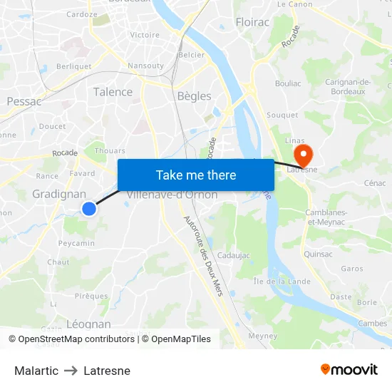 Malartic to Latresne map