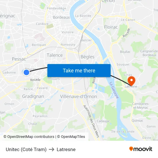 Unitec (Coté Tram) to Latresne map