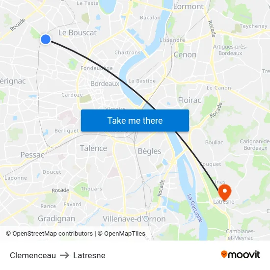 Clemenceau to Latresne map