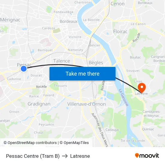 Pessac Centre (Tram B) to Latresne map