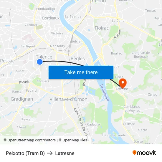 Peixotto (Tram B) to Latresne map