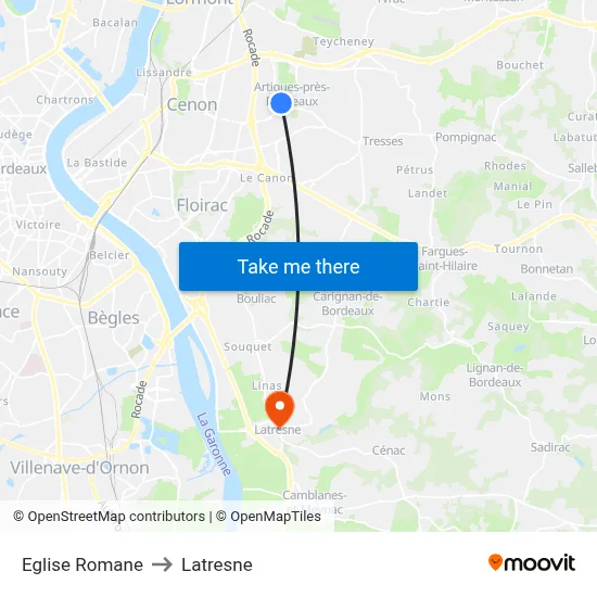 Eglise Romane to Latresne map