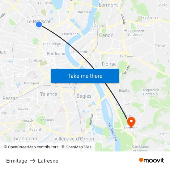 Ermitage to Latresne map