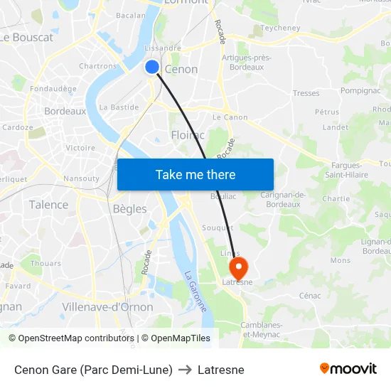 Cenon Gare (Parc Demi-Lune) to Latresne map