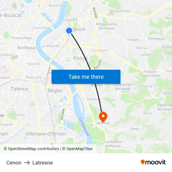 Cenon to Latresne map