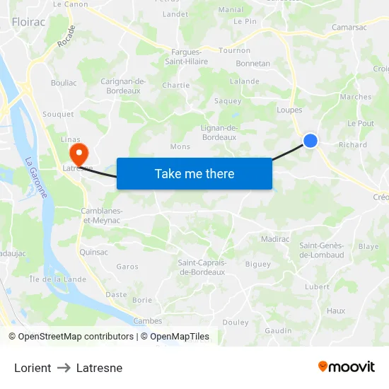 Lorient to Latresne map