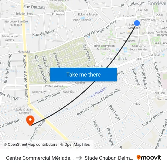 Centre Commercial Mériadeck to Stade Chaban-Delmas map