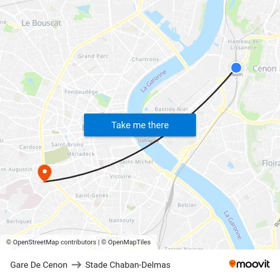 Gare De Cenon to Stade Chaban-Delmas map