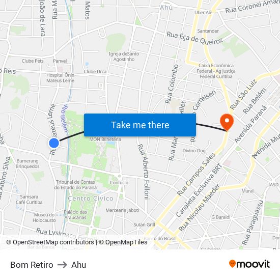 Bom Retiro to Ahu map