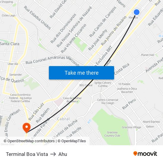 Terminal Boa Vista to Ahu map