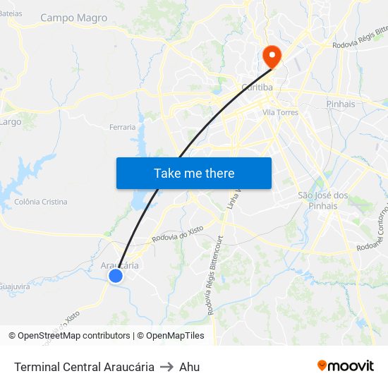 Terminal Central Araucária to Ahu map