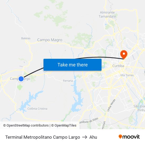 Terminal Metropolitano Campo Largo to Ahu map