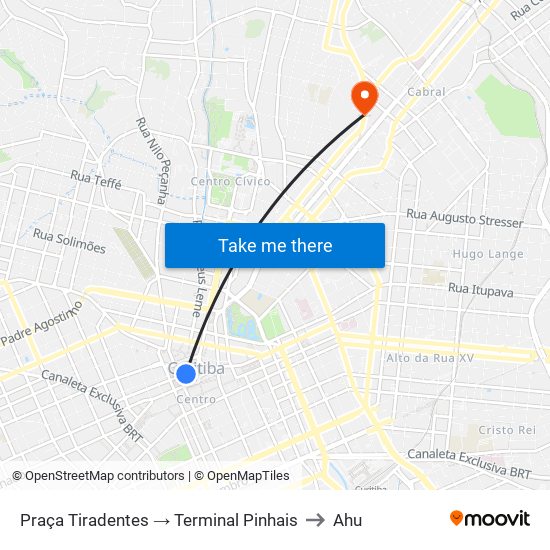 Praça Tiradentes → Terminal Pinhais to Ahu map