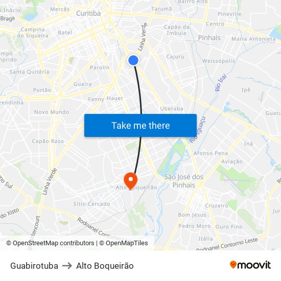 Guabirotuba to Alto Boqueirão map