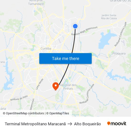 Terminal Metropolitano Maracanã to Alto Boqueirão map