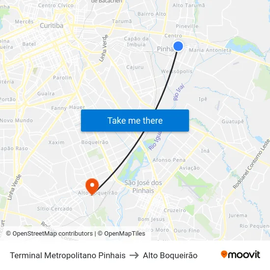 Terminal Metropolitano Pinhais to Alto Boqueirão map