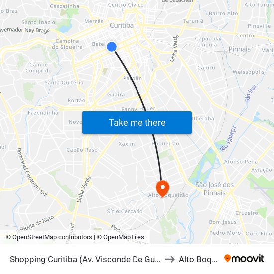 Shopping Curitiba (Av. Visconde De Guarapuava, 3850) to Alto Boqueirão map