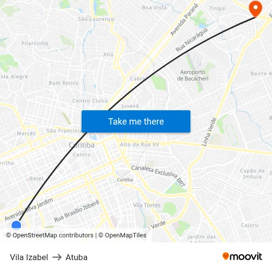 Vila Izabel to Atuba map