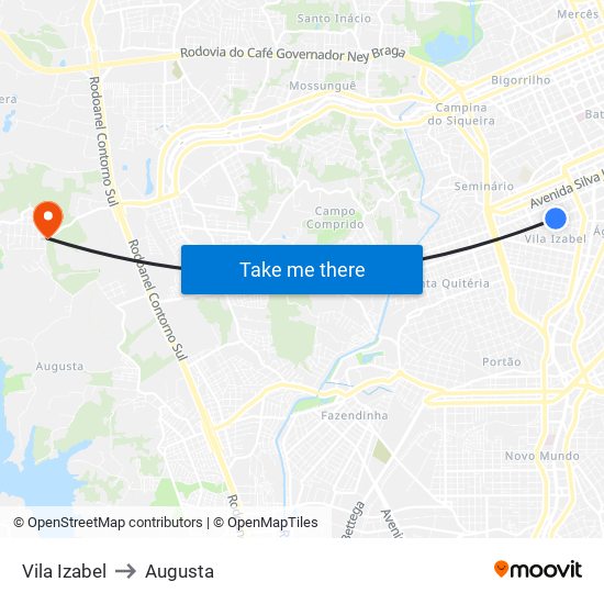 Vila Izabel to Augusta map