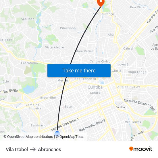Vila Izabel to Abranches map