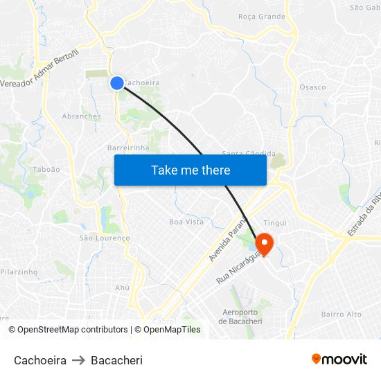 Cachoeira to Bacacheri map