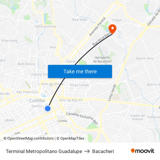 Terminal Metropolitano Guadalupe to Bacacheri map
