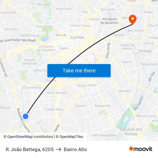 R. João Bettega, 6205 to Bairro Alto map