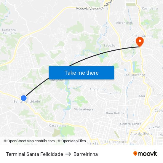 Terminal Santa Felicidade to Barreirinha map