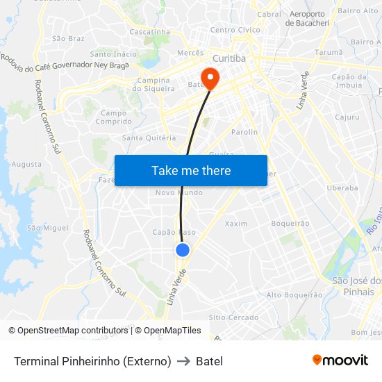 Terminal Pinheirinho (Externo) to Batel map