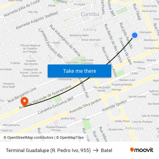 Terminal Guadalupe (R. Pedro Ivo, 955) to Batel map