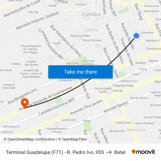 Terminal Guadalupe (F71) - R. Pedro Ivo, 955 to Batel map