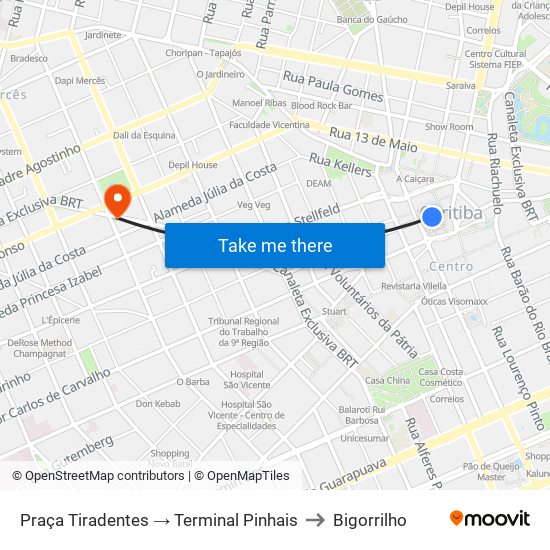 Praça Tiradentes → Terminal Pinhais to Bigorrilho map