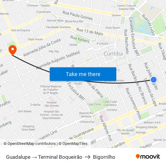 Guadalupe → Terminal Boqueirão to Bigorrilho map