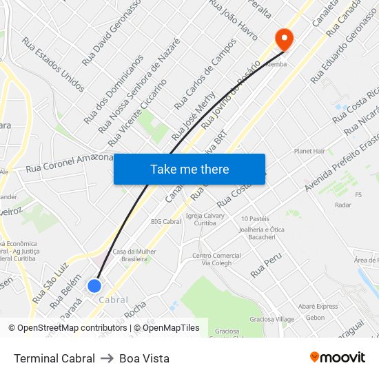 Terminal Cabral to Boa Vista map