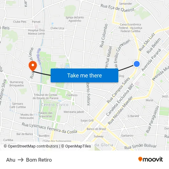 Ahu to Bom Retiro map