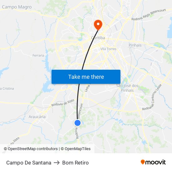 Campo De Santana to Bom Retiro map