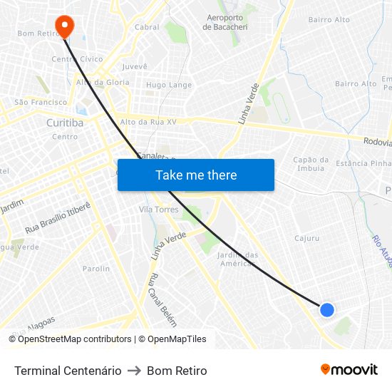 Terminal Centenário to Bom Retiro map