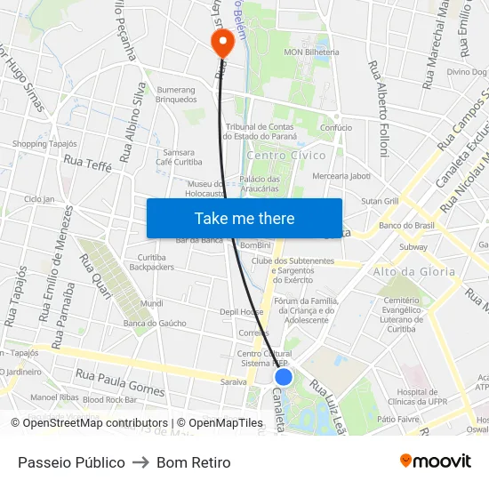 Passeio Público to Bom Retiro map