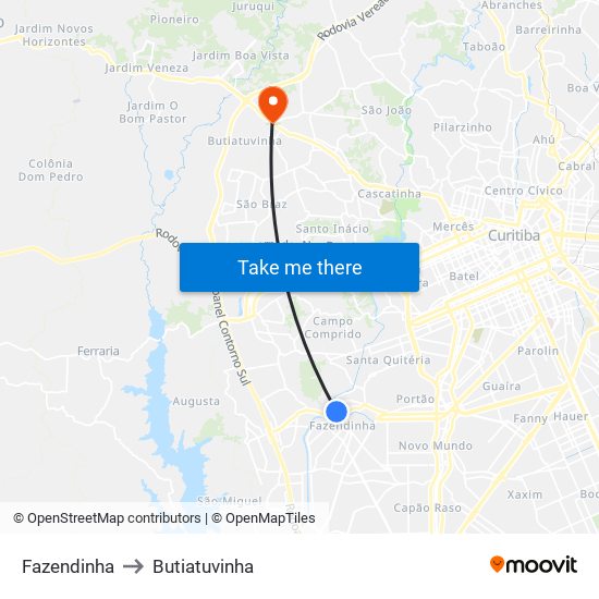 Fazendinha to Butiatuvinha map
