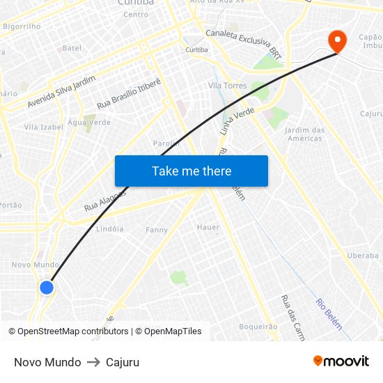 Novo Mundo to Cajuru map