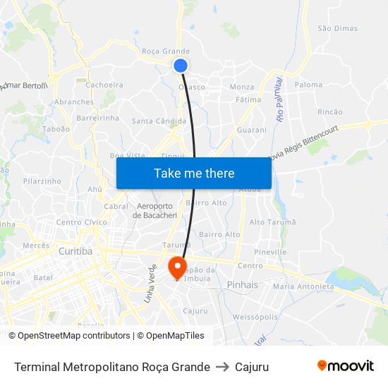 Terminal Metropolitano Roça Grande to Cajuru map